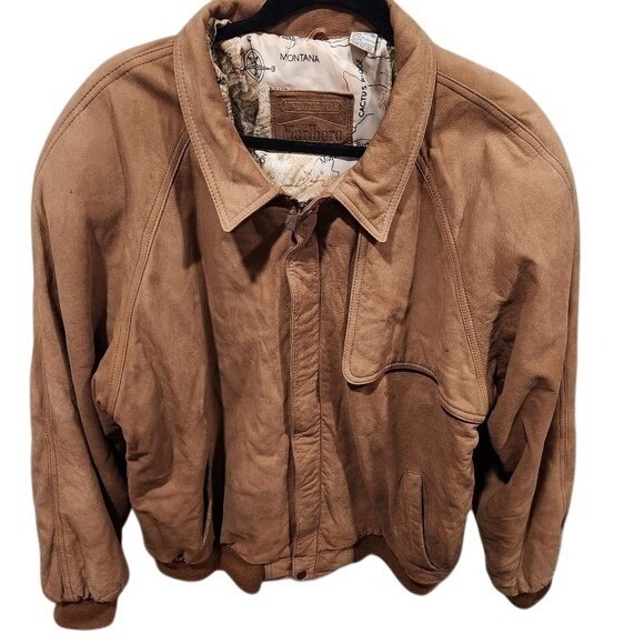 Marlboro Other - Marlboro Adventure Team Leather Bomber Jacket Map Lined Western‎ Style VTG XL